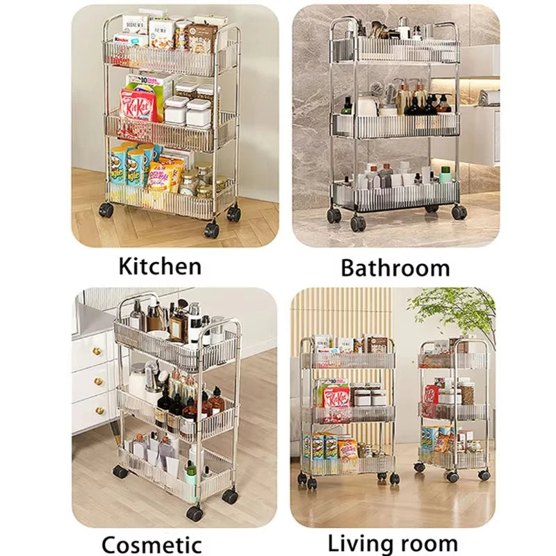 Clear Tiered Rolling Storage Cart – Mobile Acrylic Shelf Organizer for Kitchen, Bathroom & Cosmetics