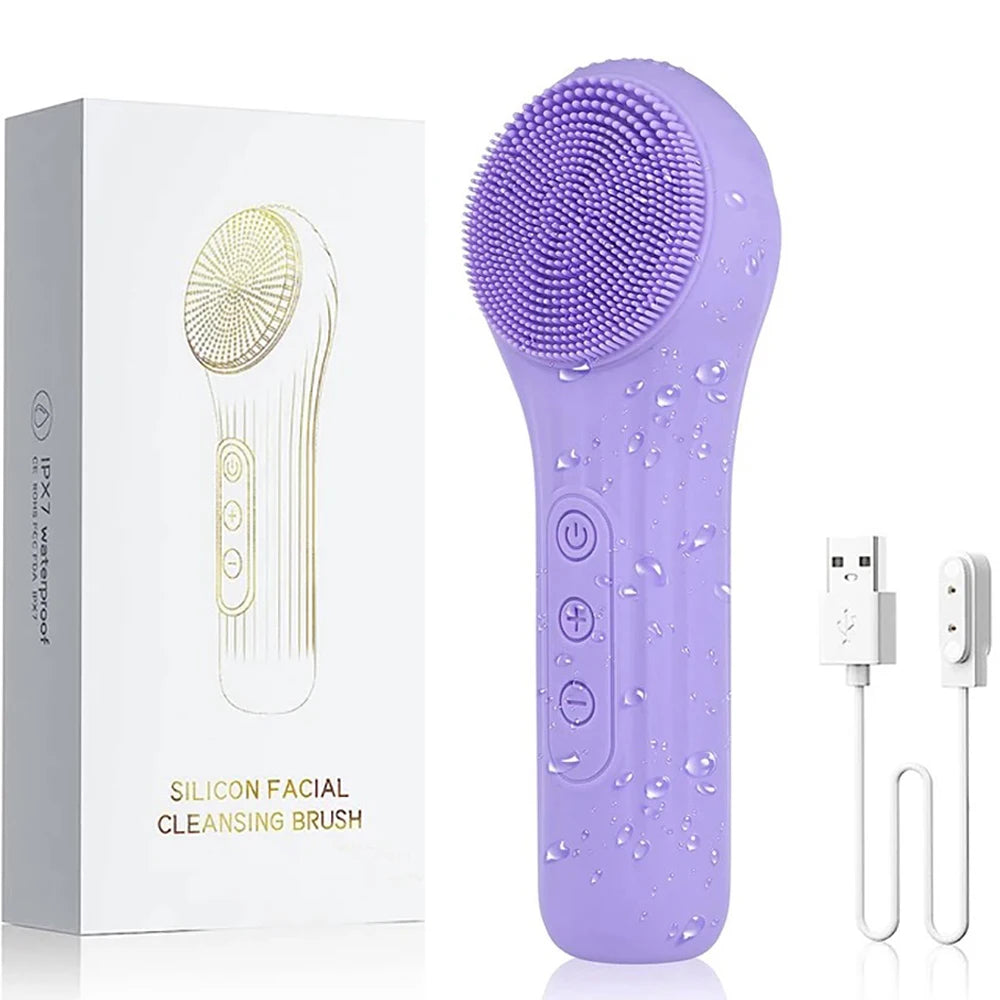 Sonic Heated Facial Cleansing Brush - Waterproof Silicone Face Scrubber & Massager
