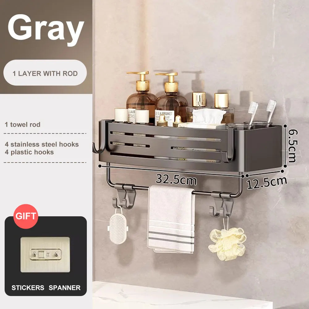 Space Aluminum Bathroom Corner Shelf - No-Drill Shower Caddy with Towel Bar & Hooks