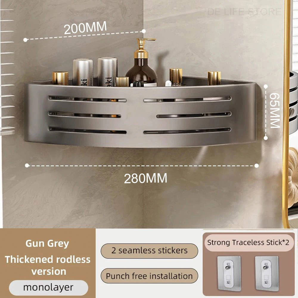 Space Aluminum Bathroom Corner Shelf - No-Drill Shower Caddy with Towel Bar & Hooks