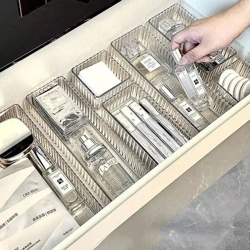 Clear Modular Drawer Organizer Set – Stackable Storage Trays for Vanity, Makeup & Kitchen