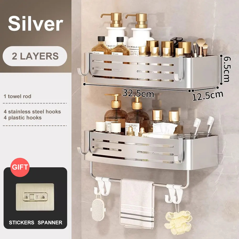 Space Aluminum Bathroom Corner Shelf - No-Drill Shower Caddy with Towel Bar & Hooks