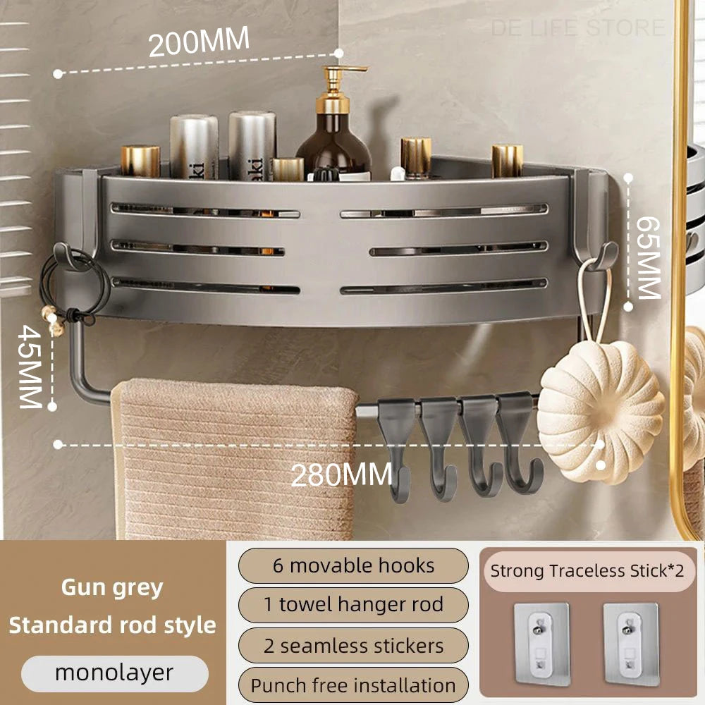 Space Aluminum Bathroom Corner Shelf - No-Drill Shower Caddy with Towel Bar & Hooks