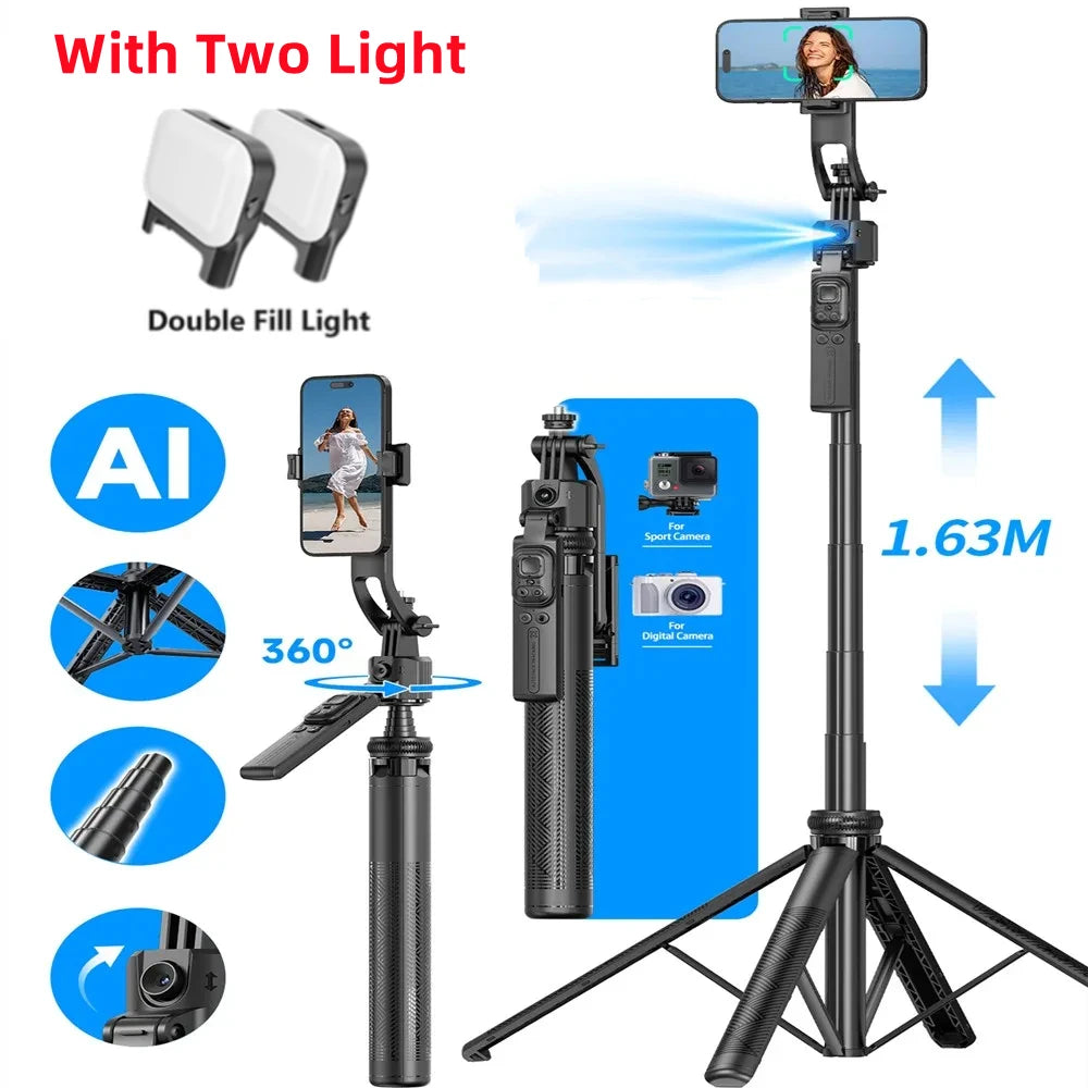AI Face Tracking Gimbal Stabilizer & 1.63M Quadrapod Selfie Stick with Bluetooth Remote