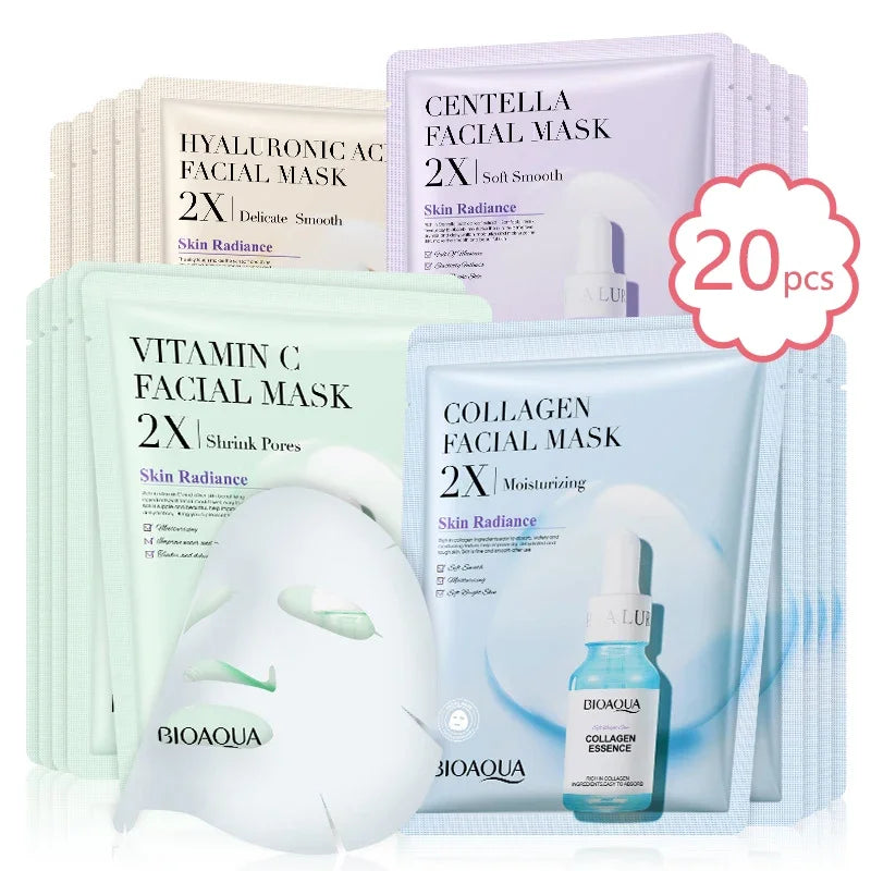 Hydrating & Rejuvenating Facial Sheet Mask Set (20 Pcs) – Vitamin C, Collagen, Hyaluronic Acid & Centella