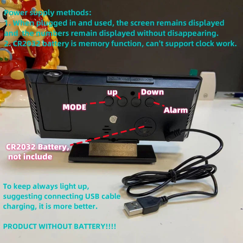Multifunctional LED Digital Alarm Clock with 180° Ceiling Projection & Mirror Display
