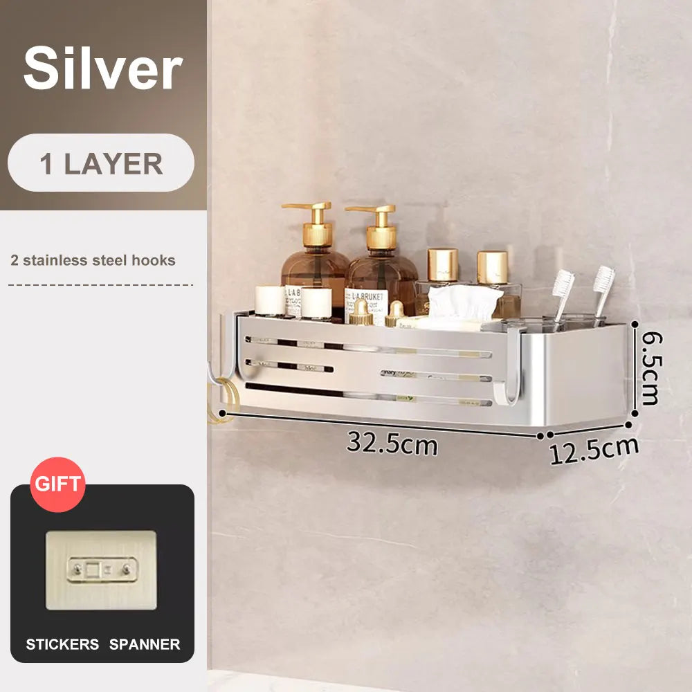 Space Aluminum Bathroom Corner Shelf - No-Drill Shower Caddy with Towel Bar & Hooks