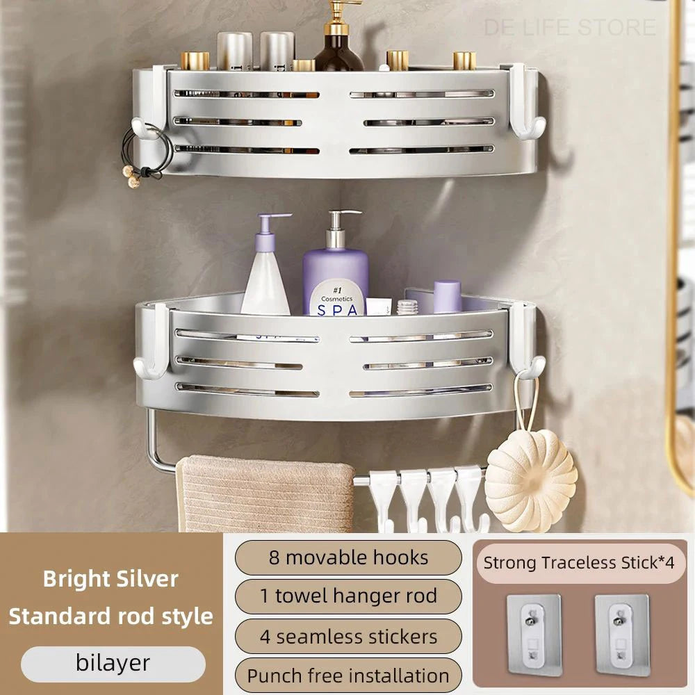 Space Aluminum Bathroom Corner Shelf - No-Drill Shower Caddy with Towel Bar & Hooks