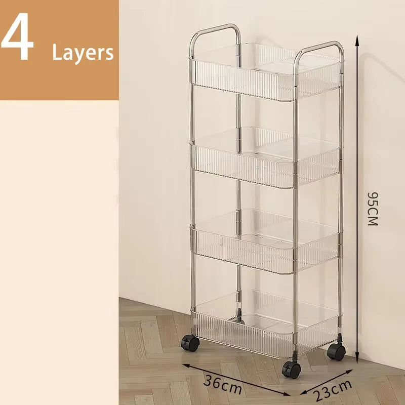 Clear Tiered Rolling Storage Cart – Mobile Acrylic Shelf Organizer for Kitchen, Bathroom & Cosmetics