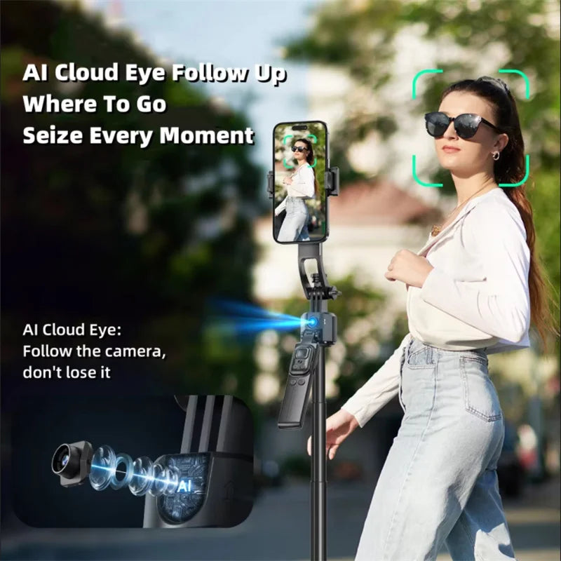 AI Face Tracking Gimbal Stabilizer & 1.63M Quadrapod Selfie Stick with Bluetooth Remote