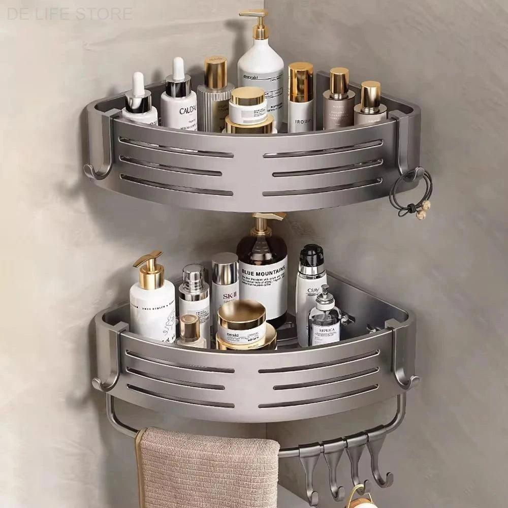 Space Aluminum Bathroom Corner Shelf - No-Drill Shower Caddy with Towel Bar & Hooks