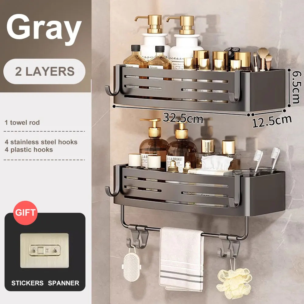 Space Aluminum Bathroom Corner Shelf - No-Drill Shower Caddy with Towel Bar & Hooks