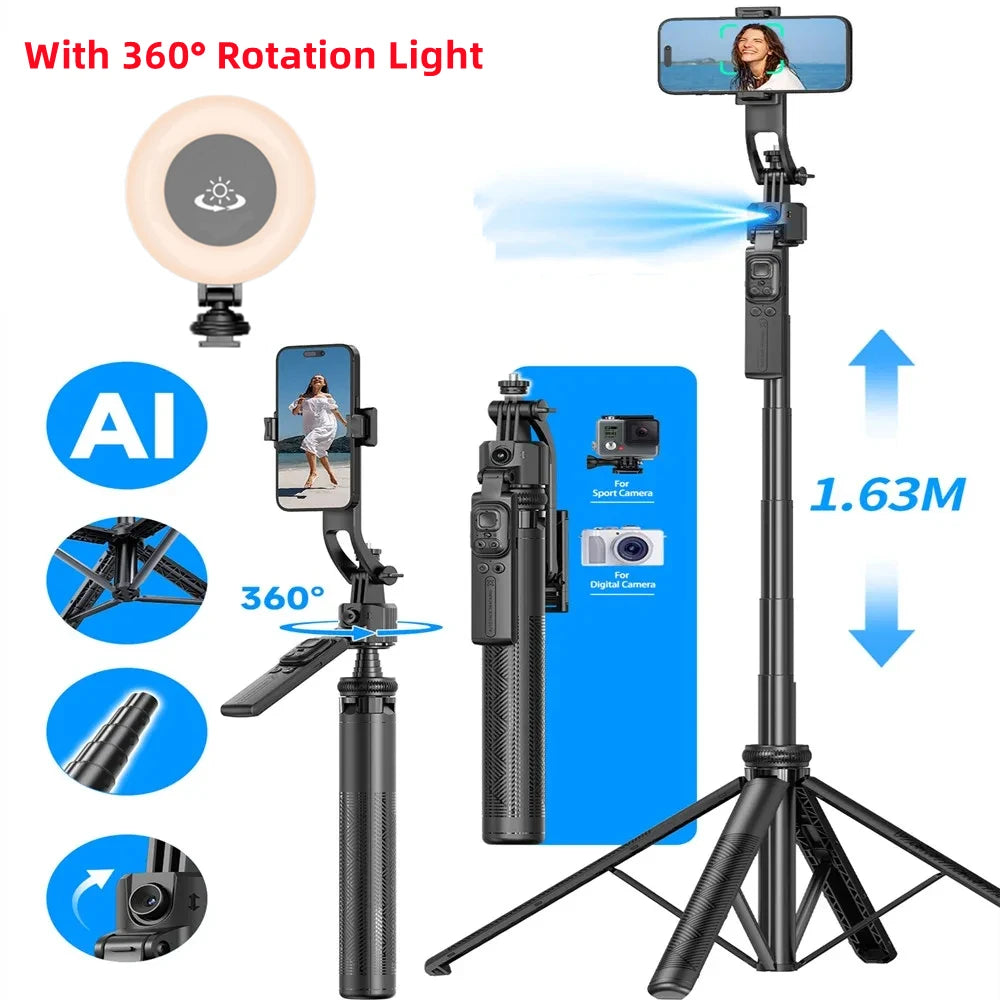 AI Face Tracking Gimbal Stabilizer & 1.63M Quadrapod Selfie Stick with Bluetooth Remote