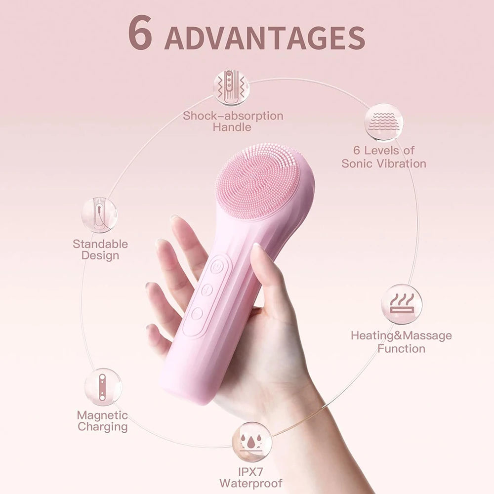 Sonic Heated Facial Cleansing Brush - Waterproof Silicone Face Scrubber & Massager