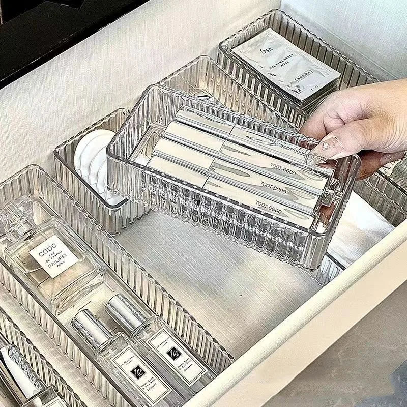 Clear Modular Drawer Organizer Set – Stackable Storage Trays for Vanity, Makeup & Kitchen