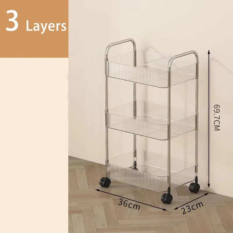Clear Tiered Rolling Storage Cart – Mobile Acrylic Shelf Organizer for Kitchen, Bathroom & Cosmetics