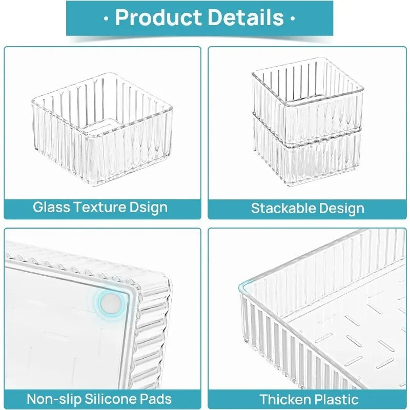 Clear Modular Drawer Organizer Set – Stackable Storage Trays for Vanity, Makeup & Kitchen