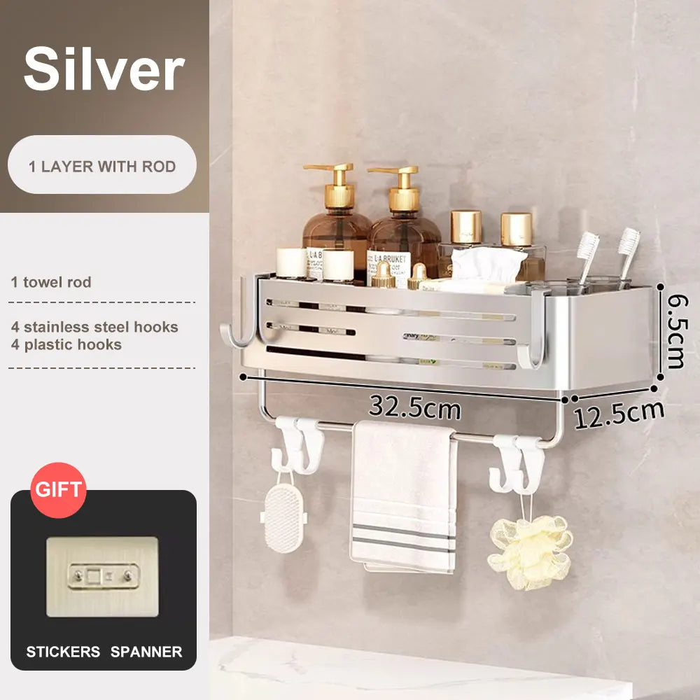 Space Aluminum Bathroom Corner Shelf - No-Drill Shower Caddy with Towel Bar & Hooks