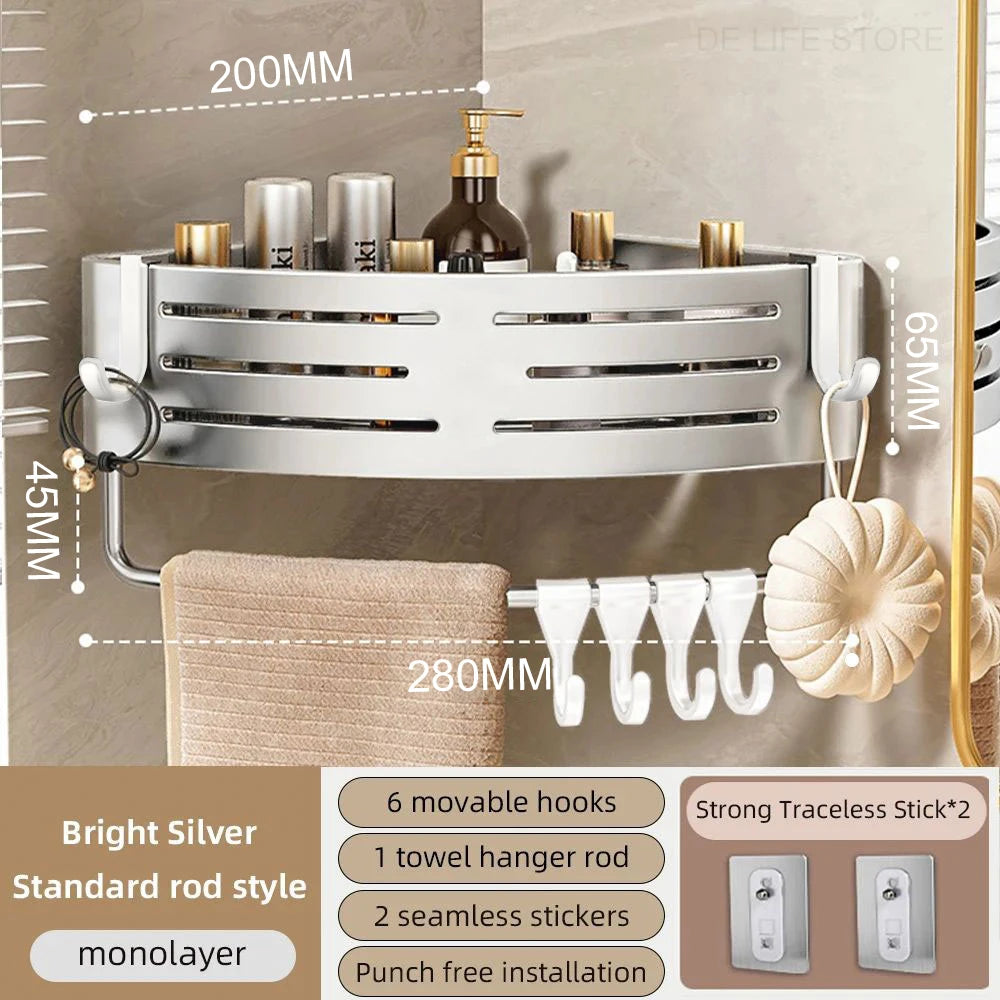 Space Aluminum Bathroom Corner Shelf - No-Drill Shower Caddy with Towel Bar & Hooks