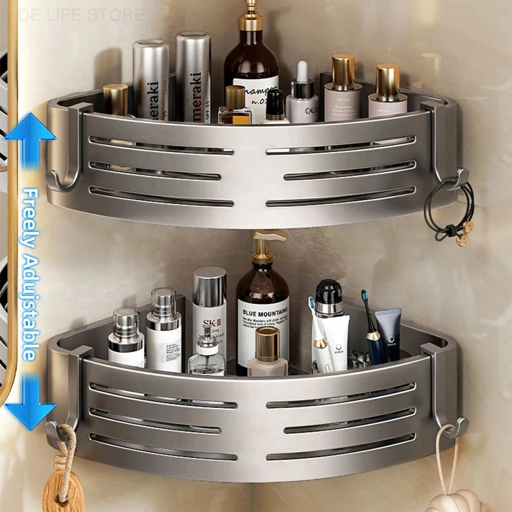 Space Aluminum Bathroom Corner Shelf - No-Drill Shower Caddy with Towel Bar & Hooks
