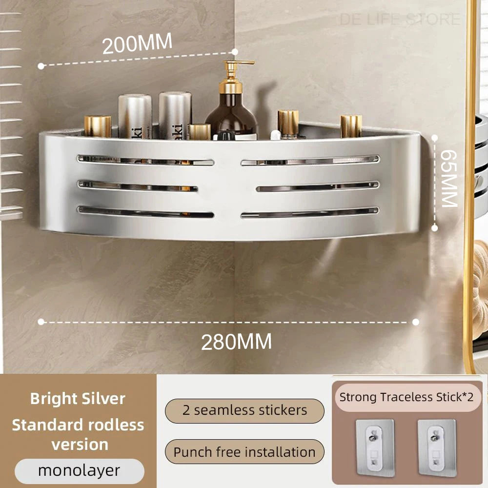 Space Aluminum Bathroom Corner Shelf - No-Drill Shower Caddy with Towel Bar & Hooks