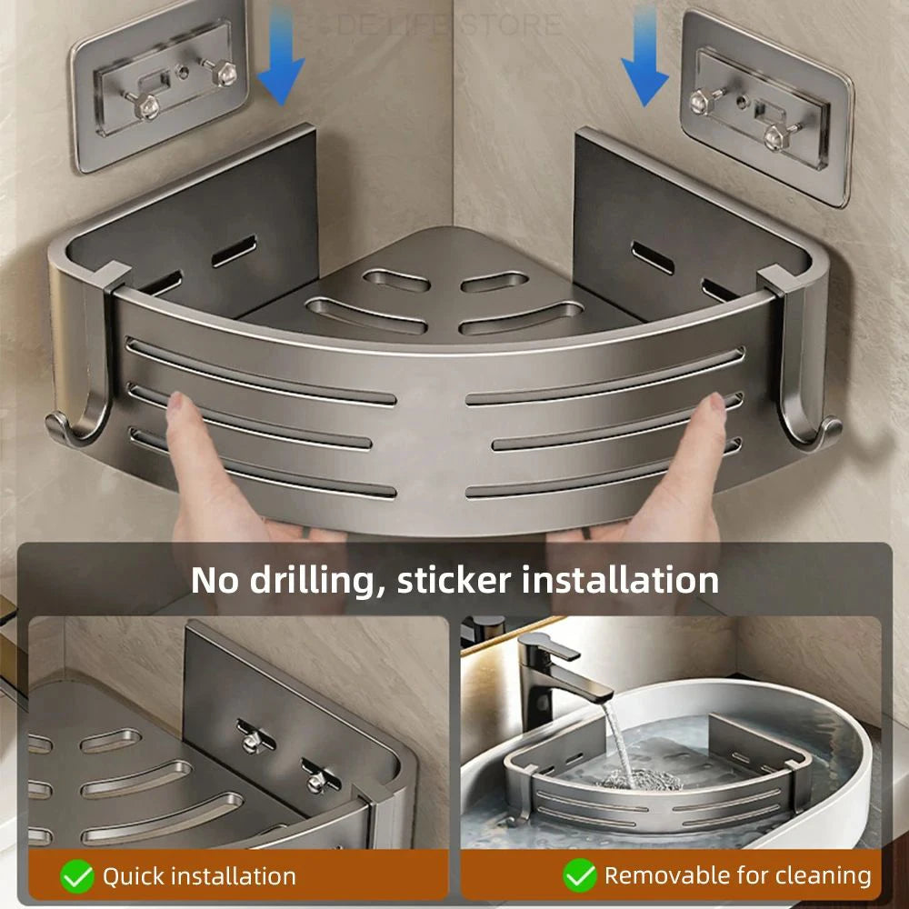 Space Aluminum Bathroom Corner Shelf - No-Drill Shower Caddy with Towel Bar & Hooks