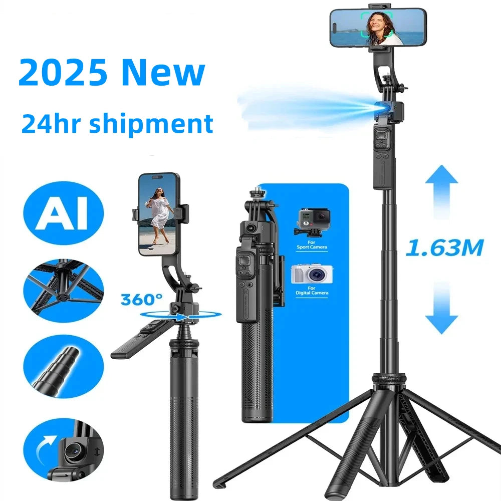 AI Face Tracking Gimbal Stabilizer & 1.63M Quadrapod Selfie Stick with Bluetooth Remote
