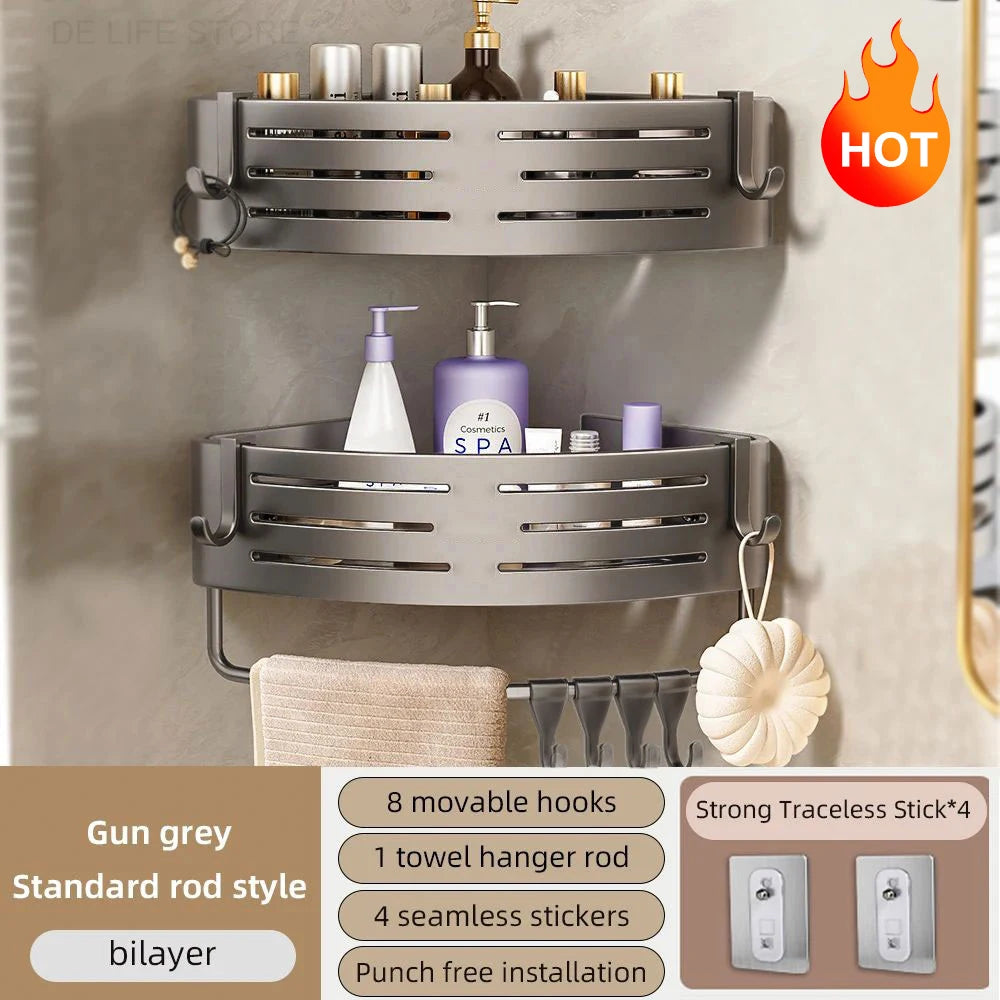 Space Aluminum Bathroom Corner Shelf - No-Drill Shower Caddy with Towel Bar & Hooks