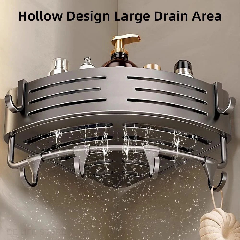 Space Aluminum Bathroom Corner Shelf - No-Drill Shower Caddy with Towel Bar & Hooks