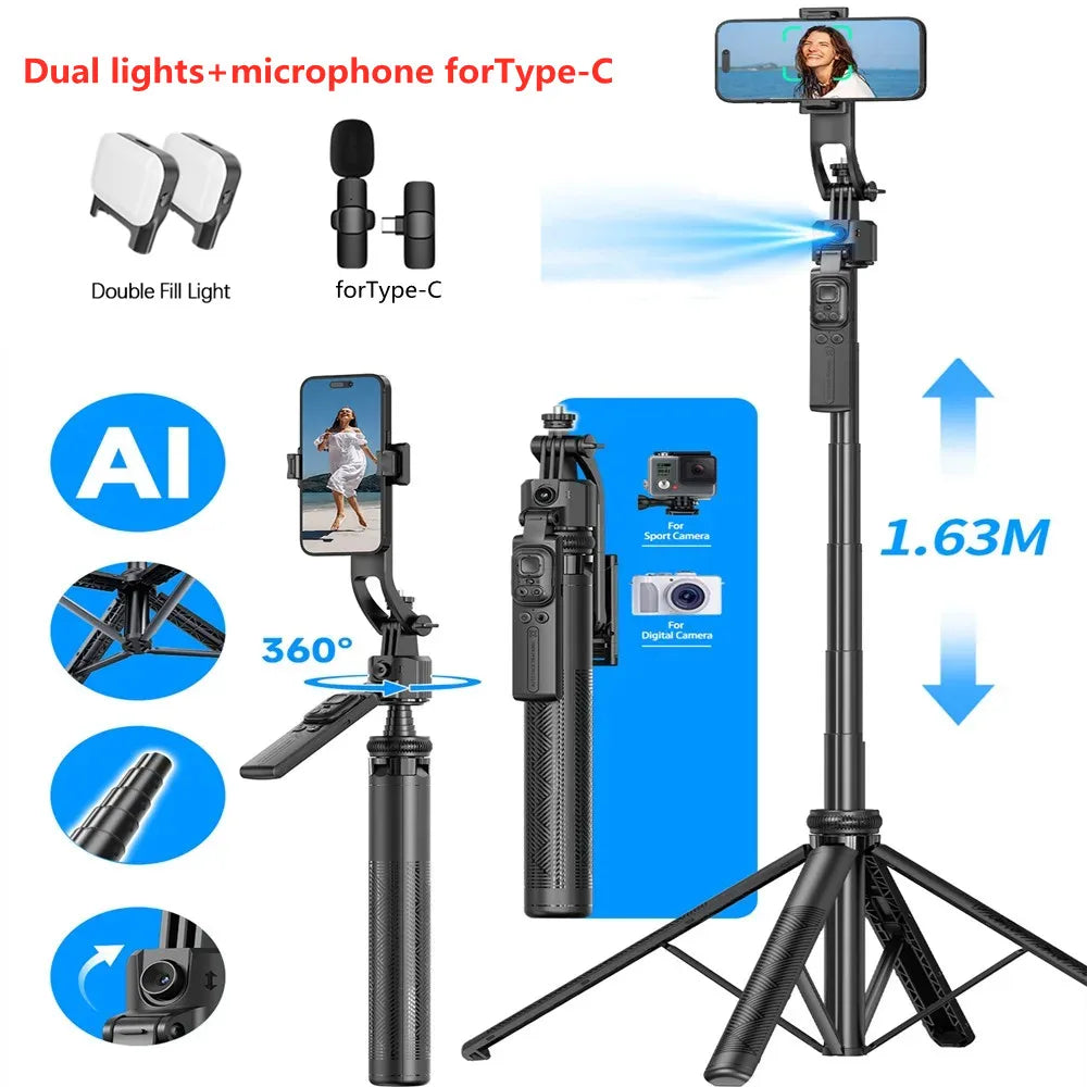AI Face Tracking Gimbal Stabilizer & 1.63M Quadrapod Selfie Stick with Bluetooth Remote