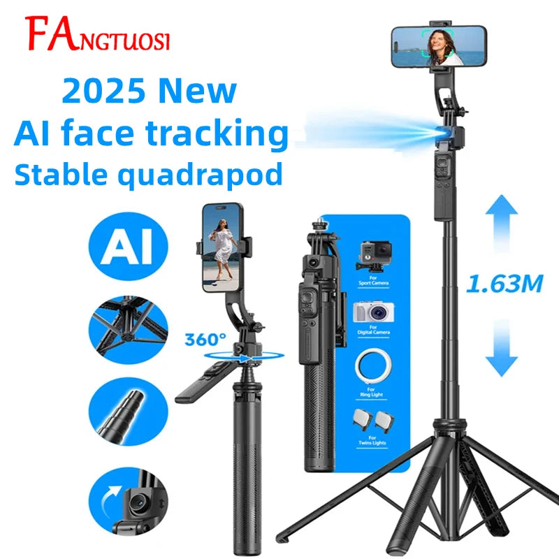 AI Face Tracking Gimbal Stabilizer & 1.63M Quadrapod Selfie Stick with Bluetooth Remote